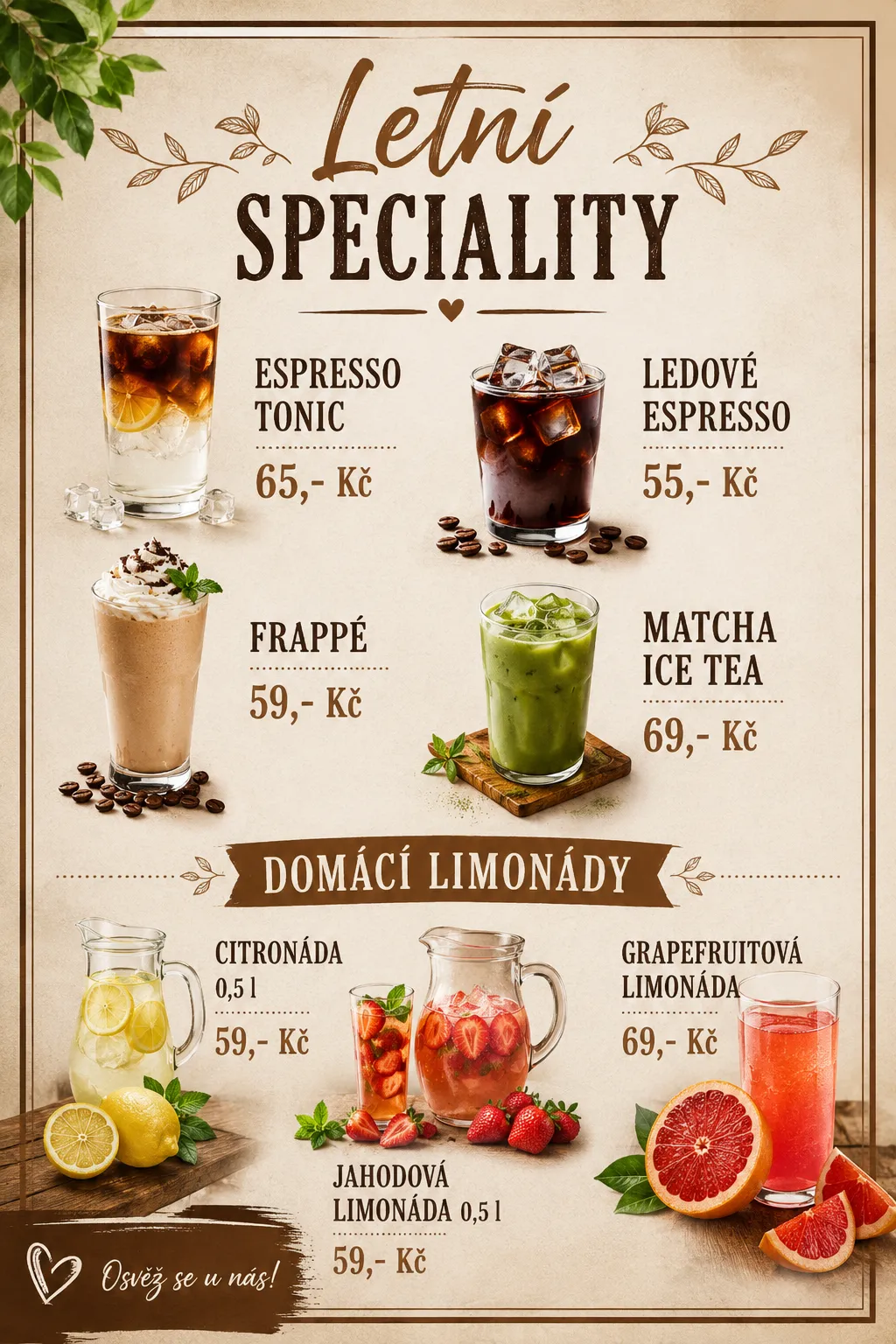 Letní speciality – domácí limonády, frappé, espresso tonic, ledové espresso a matcha ice tea